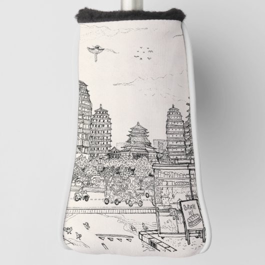 Saigon Pagoda Vietnam Cityscape Pen Inkttekening Golfheadcover (Draai 90)