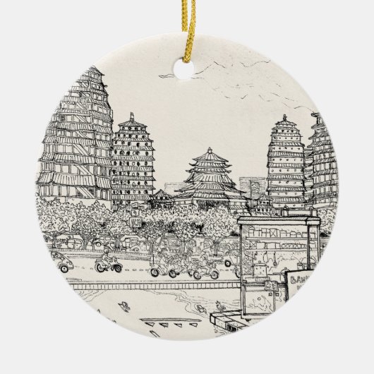 Saigon Pagoda Vietnam Cityscape Pen Inkttekening Keramisch Ornament (Voorkant)