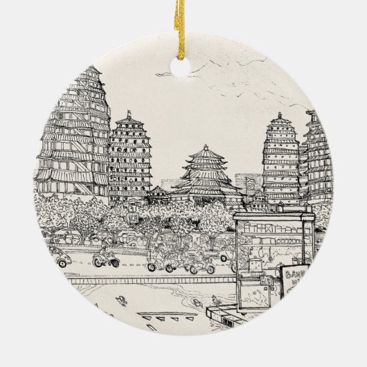 Saigon Pagoda Vietnam Cityscape Pen Inkttekening Keramisch Ornament (Achterkant)