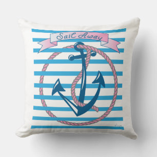 "Sail Away"-anker met roze touw en blauwe strepen Kussen