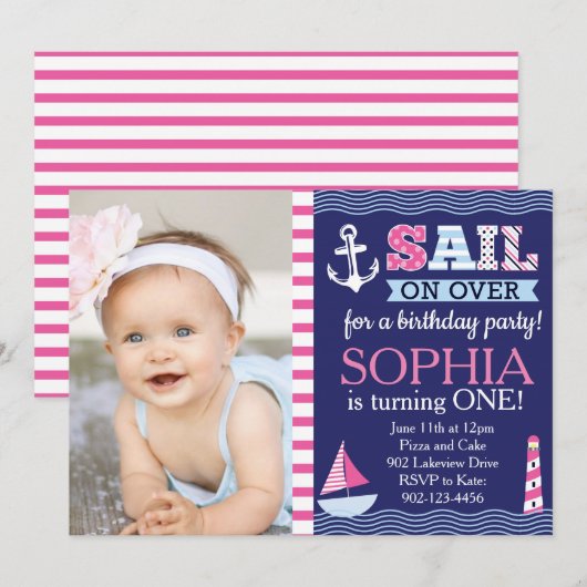 Sail Away Girl's Nautical Birthday Kaart (Voorkant / Achterkant)