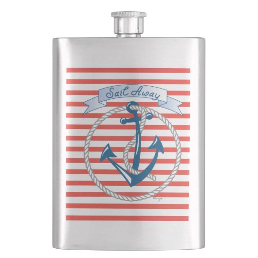 Sail Away, Nautical Anchor met rode strepen Heupfles (Voorkant)