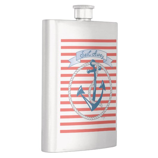 Sail Away, Nautical Anchor met rode strepen Heupfles (Rechts)