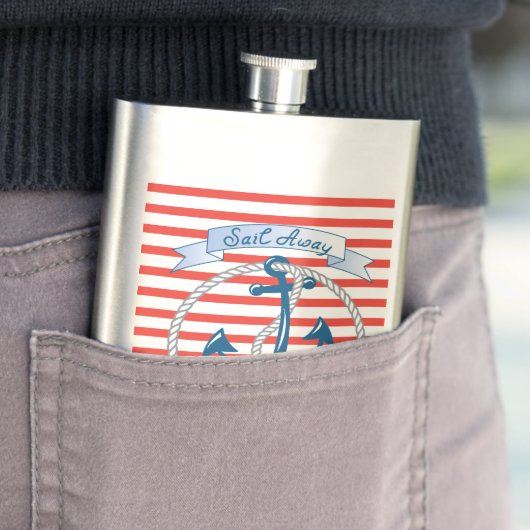 Sail Away, Nautical Anchor met rode strepen Heupfles (Voorbeeld)