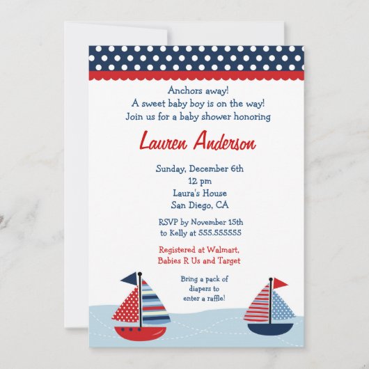 Sail Away Sailboat Baby Shower Invitaties Kaart (Voorkant)