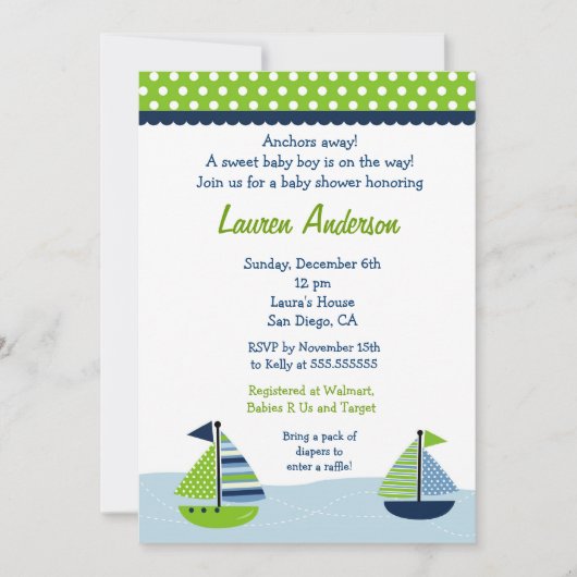 Sail Away Sailboat Baby Shower Invitaties Kaart (Voorkant)