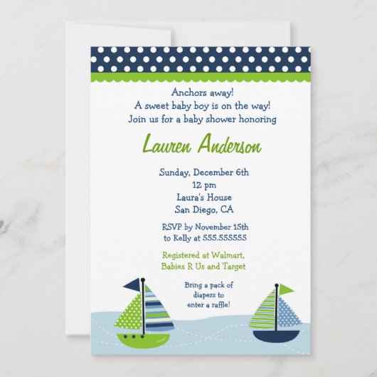 Sail Away Sailboat Baby Shower Invitaties Kaart (Voorkant)