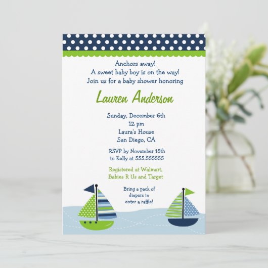 Sail Away Sailboat Baby Shower Invitaties Kaart (Staand voorkant)