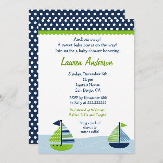 Sail Away Sailboat Baby Shower Invitaties Kaart (Voorkant / Achterkant)