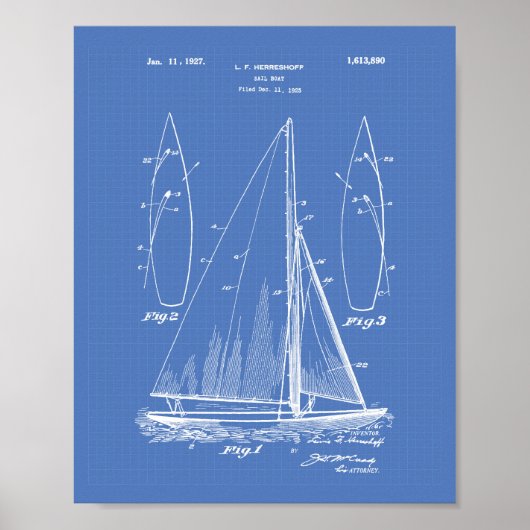 Sail Boat 1927 Patent Art Blueprint Poster (Voorkant)