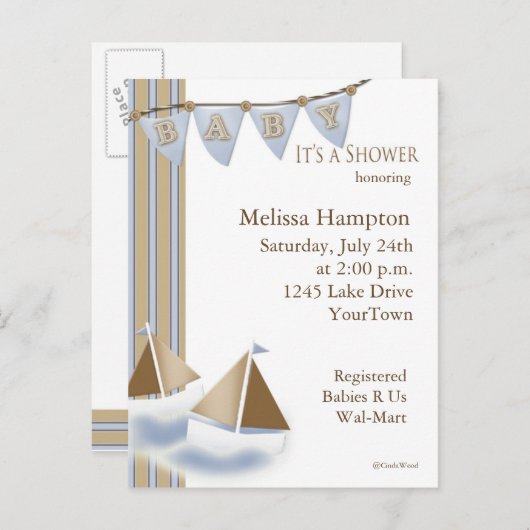 Sail Boat Baby shower Briefkaart Uitnodiging (Voorkant / Achterkant)