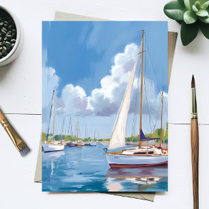 Sail Boat Bay   Kust Waterverfschilderij Briefkaart