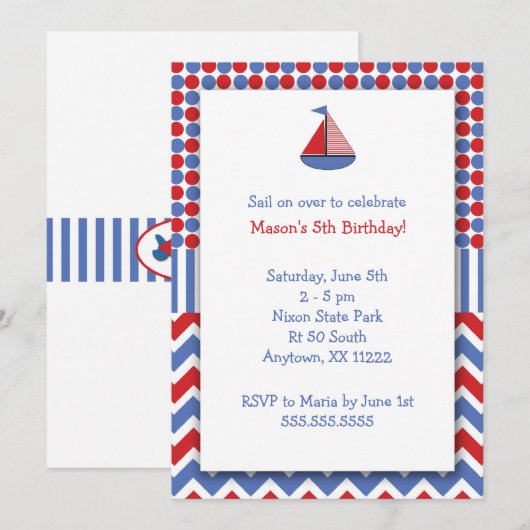 Sail Boat Birthday Party - Uitnodiging/rood wit bl Kaart (Voorkant / Achterkant)