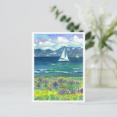 Sail Boat Mountain Lake Paarse Waterverf Lupines Briefkaart (Staand voorkant)