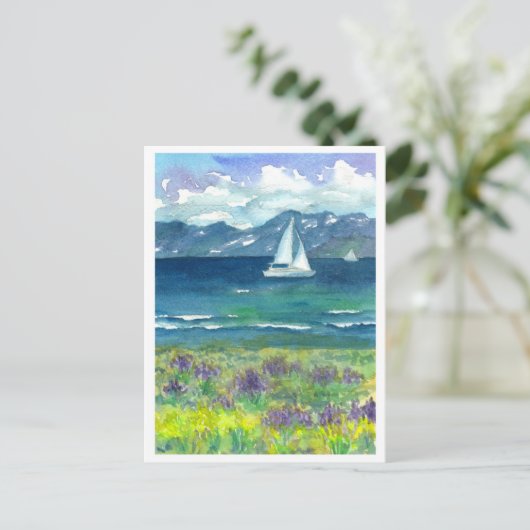 Sail Boat Mountain Lake Paarse Waterverf Lupines Briefkaart (Staand voorkant)