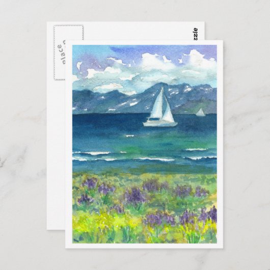 Sail Boat Mountain Lake Paarse Waterverf Lupines Briefkaart (Voorkant / Achterkant)