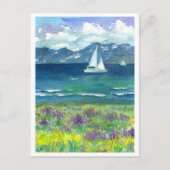 Sail Boat Mountain Lake Paarse Waterverf Lupines Briefkaart (Voorkant)
