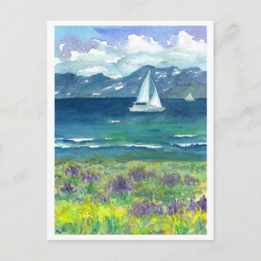 Sail Boat Mountain Lake Paarse Waterverf Lupines Briefkaart (Voorkant)