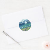 Sail Boat Mountain Lake Paarse Waterverf Lupines Ronde Sticker (Envelop)
