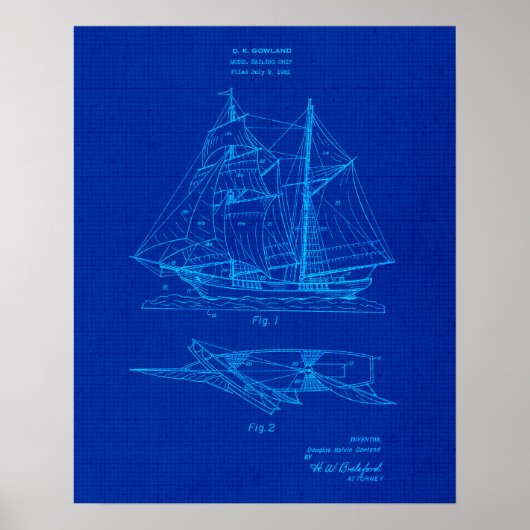 Sail Boat no. 2 Patent Blauwdruk Kust Thema Art Poster (Voorkant)