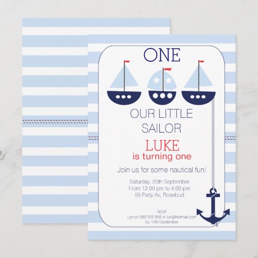 Sail Boats Nautical 1st Birthday Uitnodiging (Voorkant / Achterkant)