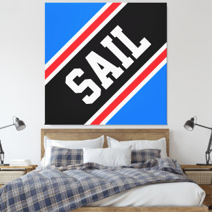 SAIL Helderblauw Rood Zwart Wit Racing Strepen Canvas Afdruk