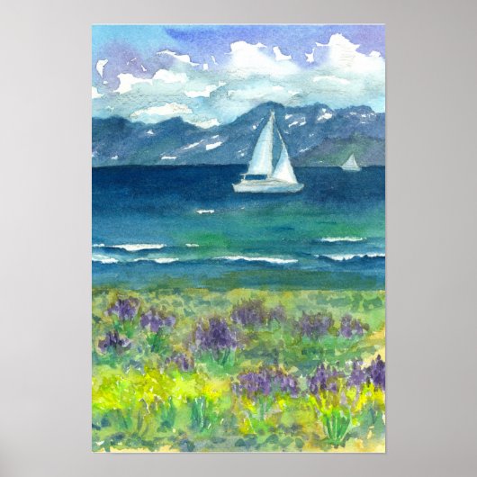 Sailbergen meer Paarse Waterverf Lupines Poster (Voorkant)