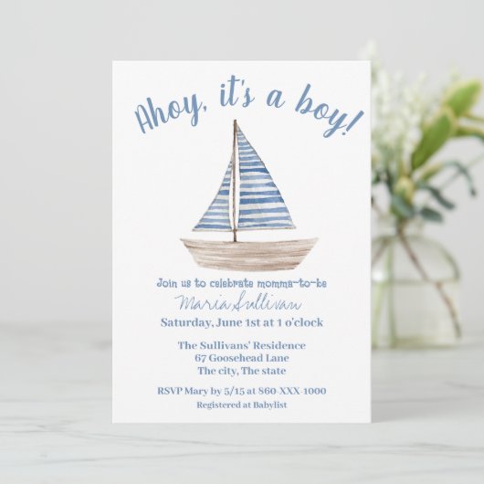 SAILBOAT Baby BOY Douche Uitnodiging (Staand voorkant)