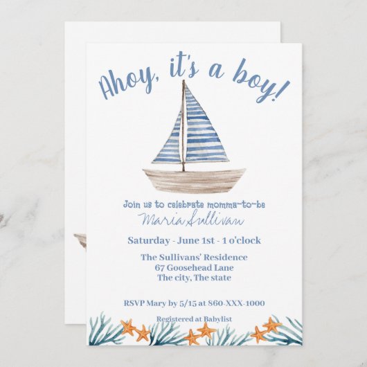 SAILBOAT Baby BOY Douche Uitnodiging (Voorkant / Achterkant)