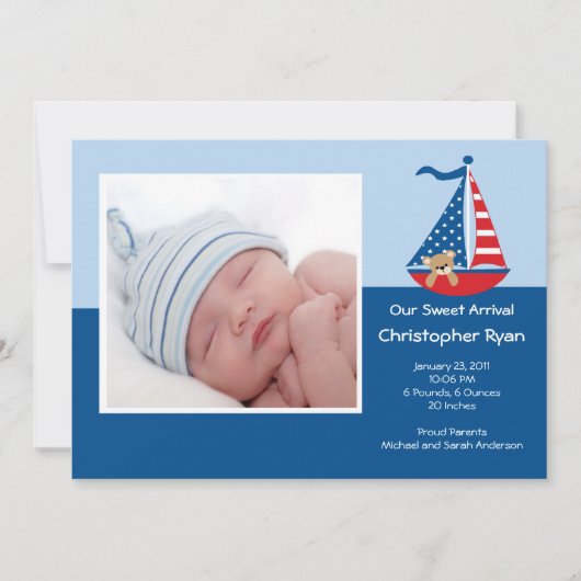 SAILBOAT Baby Boy Fotoaankondiging Kaart (Voorkant)