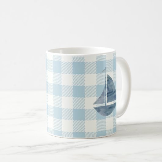Sailboat Blue Gingham Check Pattern Coffee Mok (Voorkant rechts)