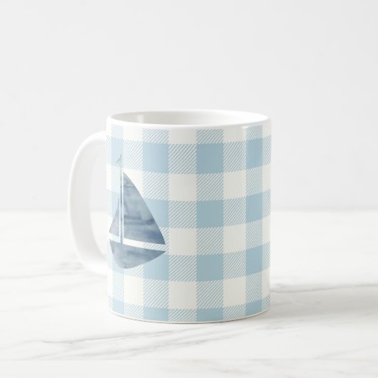 Sailboat Blue Gingham Check Pattern Coffee Mok (Voorkant links)