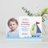 Sailboat Boys Foto Birthday Invitation Sjabloon Kaart (Staand voorkant)