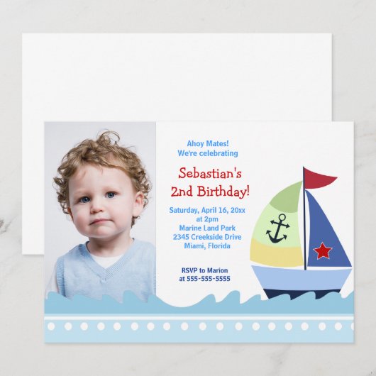 Sailboat Boys Foto Birthday Invitation Sjabloon Kaart (Voorkant / Achterkant)