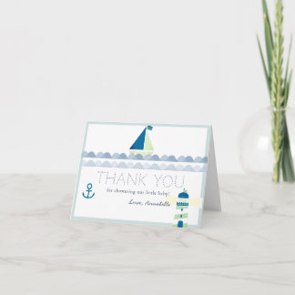 Sailboat & Lighthouse Nautical Blue Baby Shower Bedankkaart