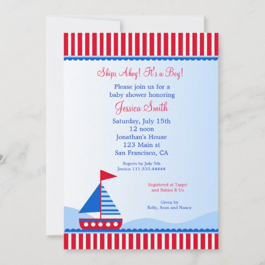 Sailboat Nautical Baby Shower-uitnodigingen Kaart (Voorkant)