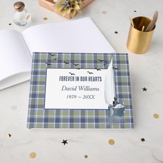 Sailboat On Plaid For Memorial Service Gastenboek (Voorkant open)
