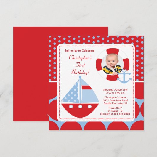 Sailboat Photo Birthday Invitation Kaart (Voorkant / Achterkant)