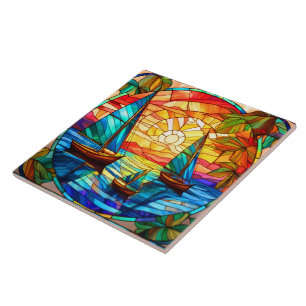 Sailboats and sunsets Stained glass art Tegeltje