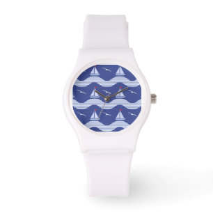 Sailboats On A Striped Sea Pattern Horloge