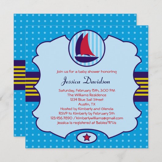 Sailboot Boy Baby shower Uitnodiging (Voorkant / Achterkant)