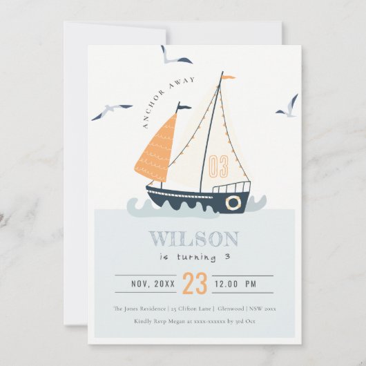 Sailboot Cute Nautical Sailboat Pastel Kids Birthd Bedankkaart (Voorkant)