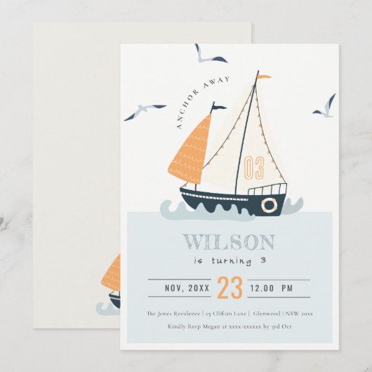 Sailboot Cute Nautical Sailboat Pastel Kids Birthd Bedankkaart (Voorkant / Achterkant)