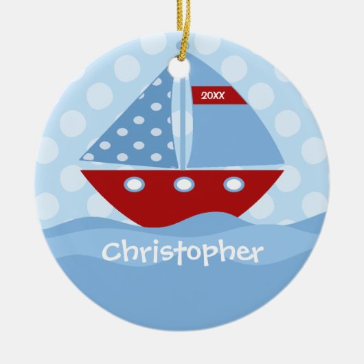 Sailboot Personalized Boy Kerstmis Ornament (Voorkant)