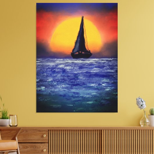 Sailboot Sunset - Waterverf Art Canvas Afdruk (Insitu (Woonkamer))