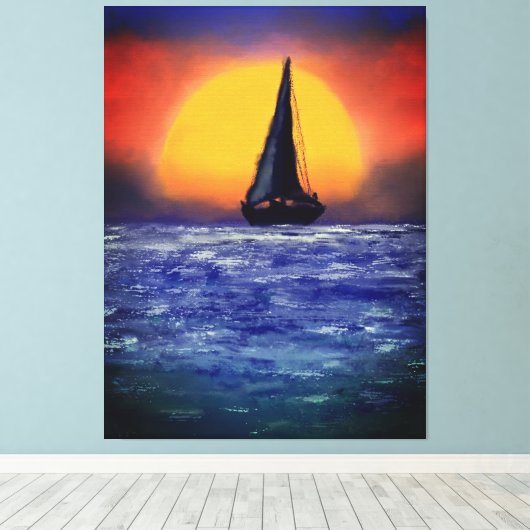 Sailboot Sunset - Waterverf Art Canvas Afdruk (Insitu (Houten vloer))