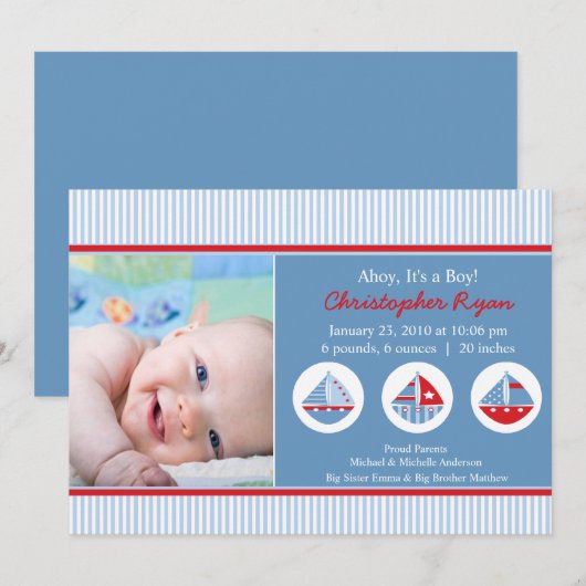 Sailboten Baby Boy Birth Annouting Kaart (Voorkant / Achterkant)