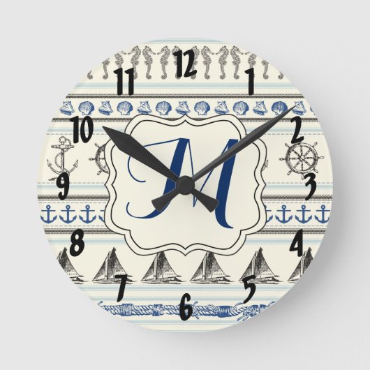 Sailing Anchor Nautica Monogram Initiaal Wall Cloc Ronde Klok (Voorkant)