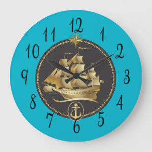 Sailing Ship in Gold en Black Grote Klok