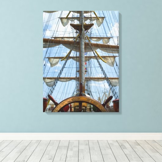 Sailing Ship Wheel and Rigging Canvas Afdruk (Insitu (Houten vloer))